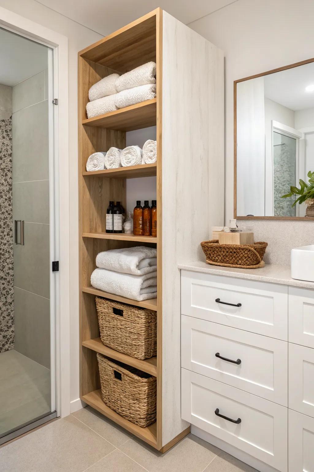 A calm linen tower on the closet side keeps towels and backups tidy—and your bathroom serene.