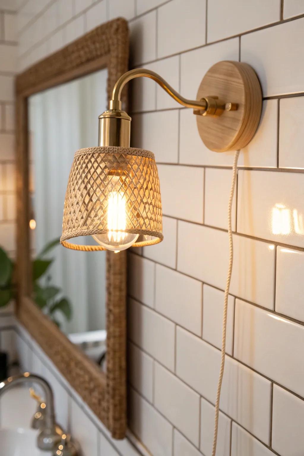 Warm bulbs + a plug-in sconce make tiny bathrooms feel calmer, cozier, and photo-ready.