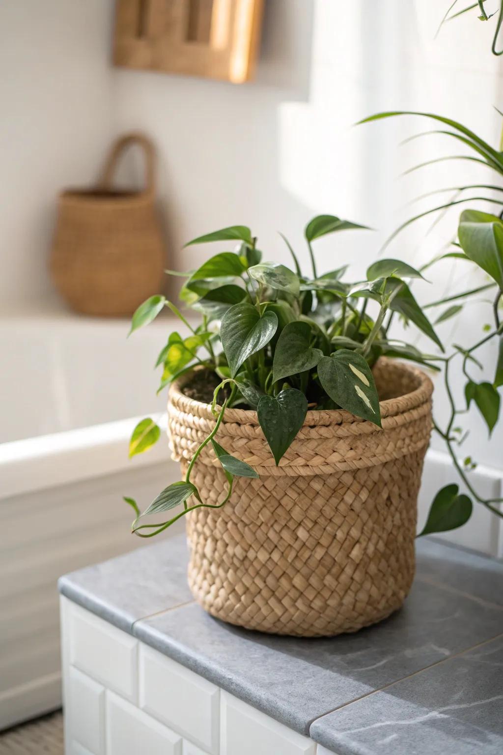 A basket-wrapped planter brings warm, natural texture and fresh life to cool bathroom tile.