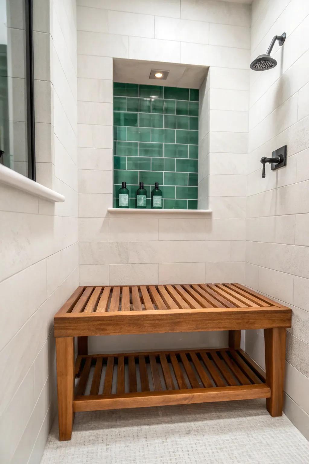 A teak shower bench beneath an emerald niche—bottles up high, floor beautifully clear.