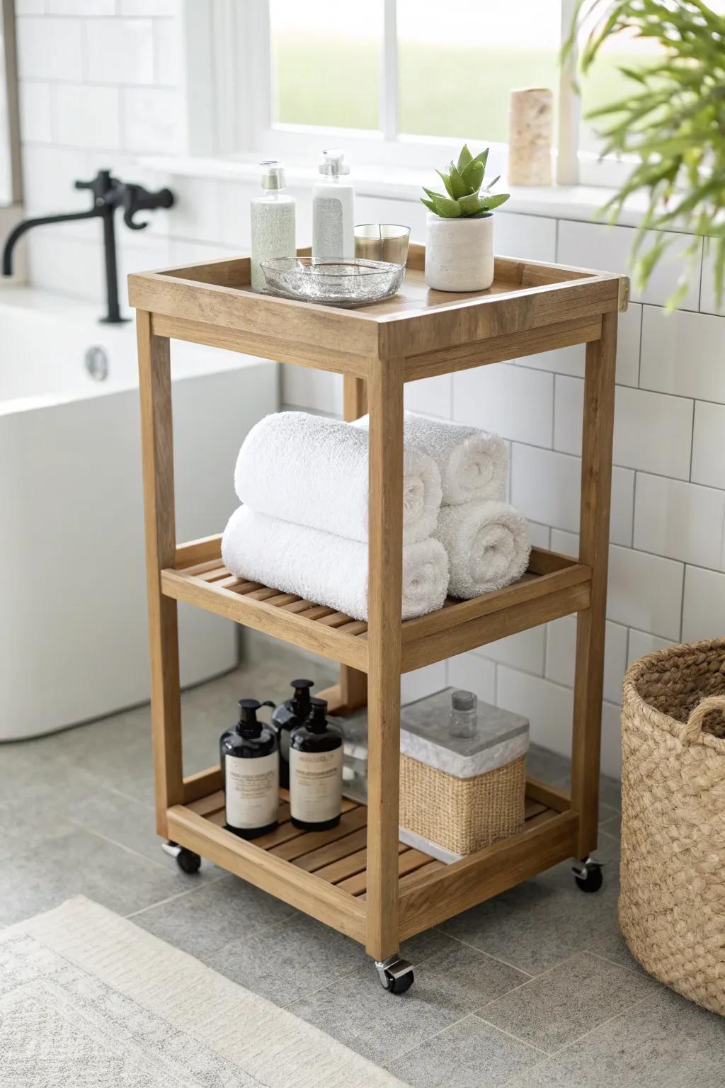 A guest-ready bathroom cart: fresh towels, travel minis, and a simple toothbrush cup—so welcoming.
