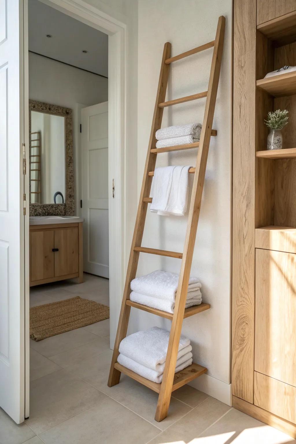 A narrow ladder shelf turns a doorless bathroom closet into a styled towel nook—renter friendly.