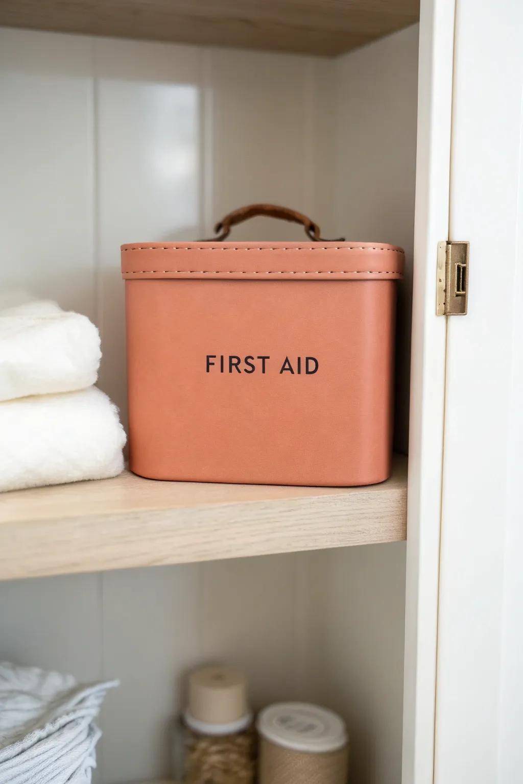 A bright, labeled first-aid bin keeps your bathroom closet calm—and emergencies totally grab-and-go.