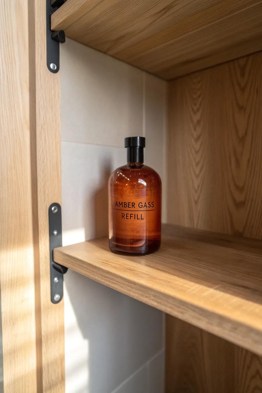 A sturdy bottom shelf keeps tall refills low, safe, and beautifully organized in small closets.