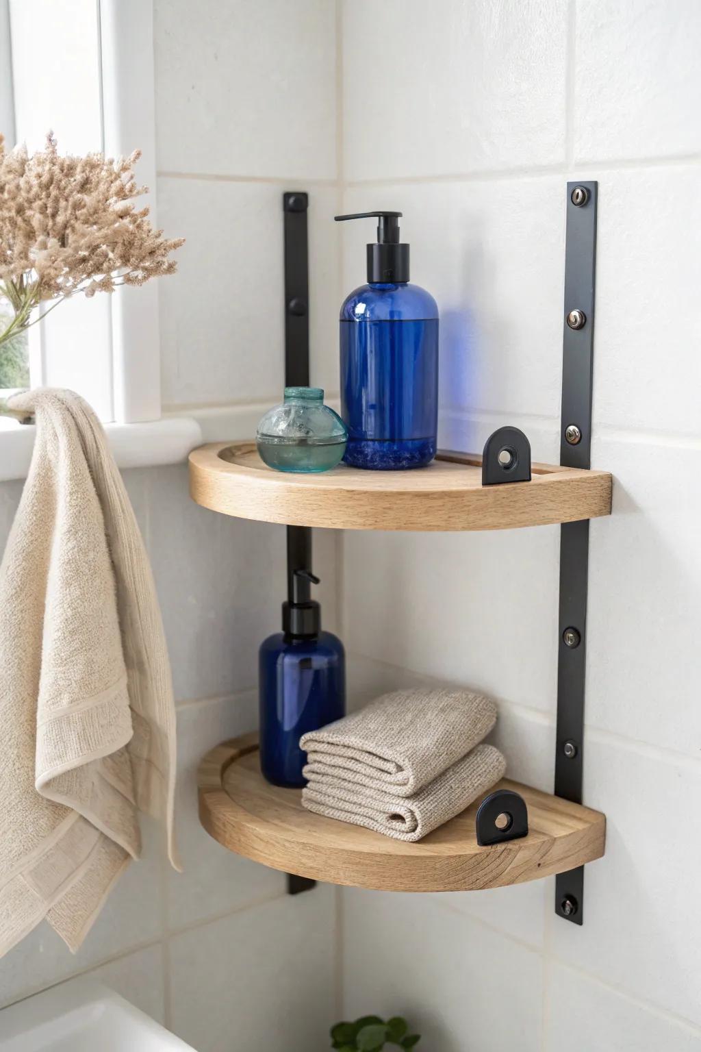 Swing-arm corner shelves pull essentials toward you—perfect for tight bathrooms with zero reach.