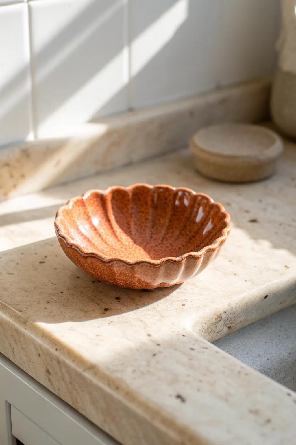 A tiny vanity drop-zone dish keeps rings and clips safe—no more near-the-drain scares.