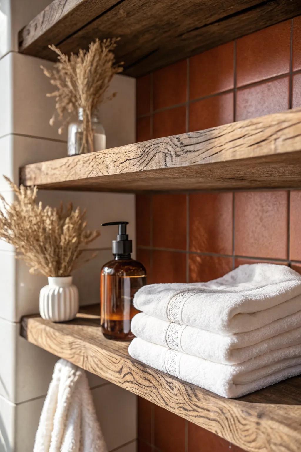 Deep oak floating shelf turns a linen closet into a boutique—no more tipping bottles.