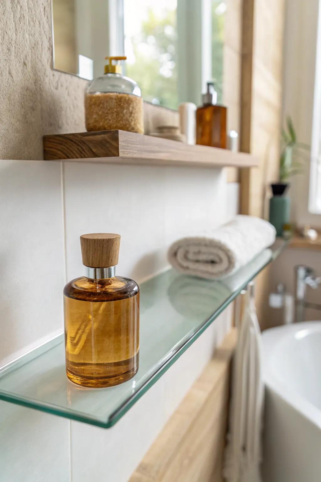 Glass floating shelf that feels almost invisible—perfect for keeping small bathrooms light.