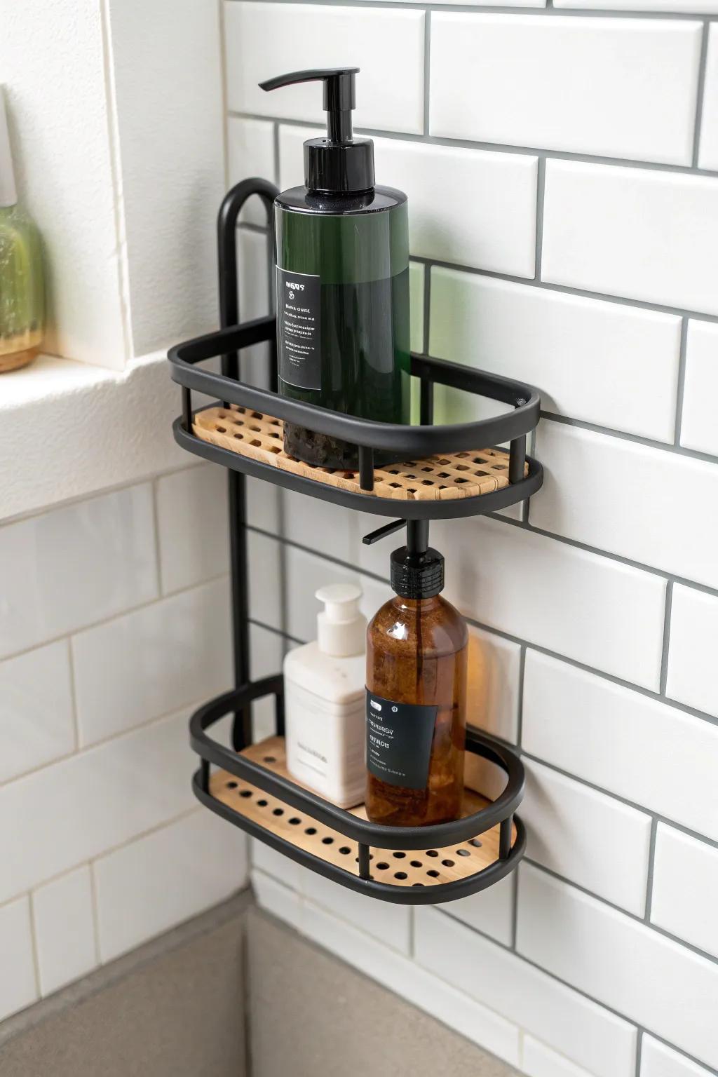 A draining shower caddy keeps bottles upright and soap dry—cleaner, calmer shower corners.