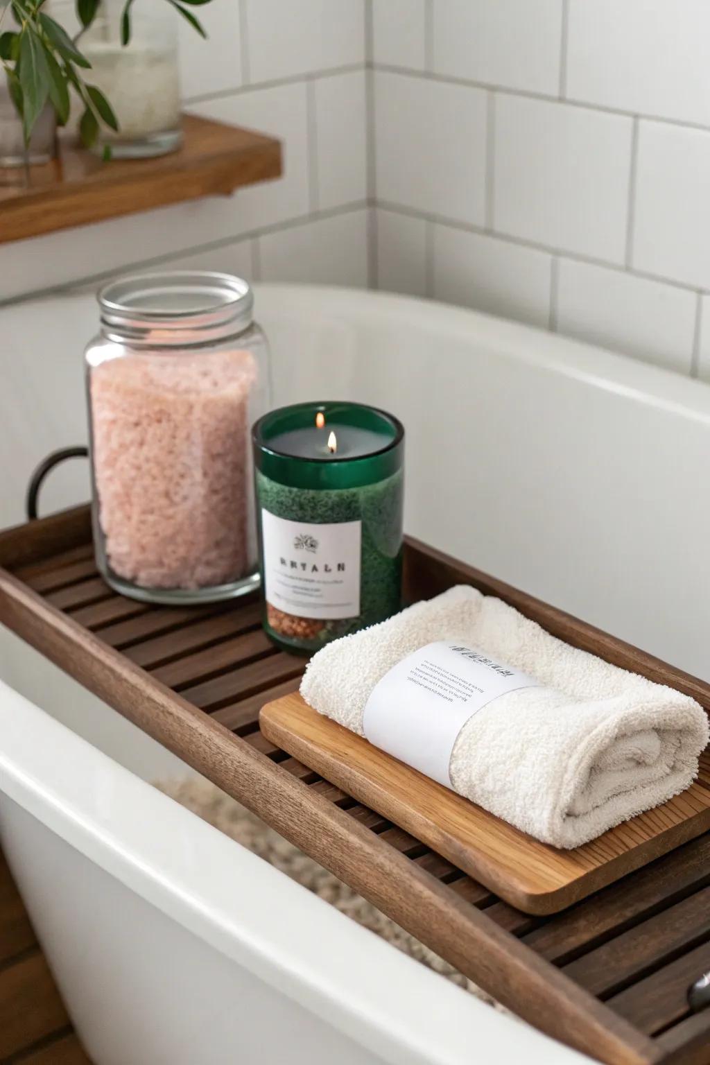 A sleek wooden bath tray with salts, candle, and linen turns any tub into a spa moment.