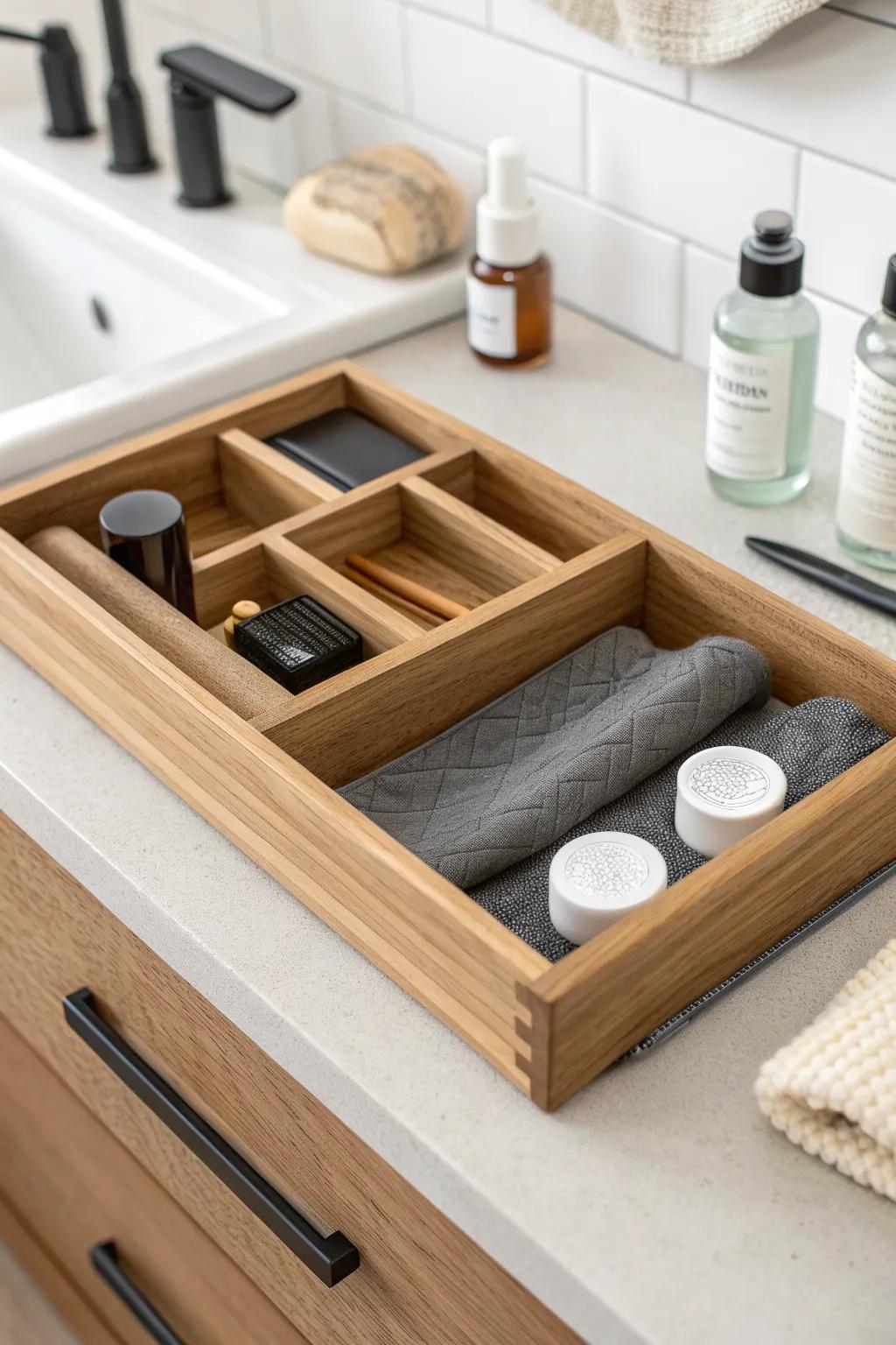 Stop the scoot: add a tiny non-slip grip under your vanity tray for a calm, custom drawer.
