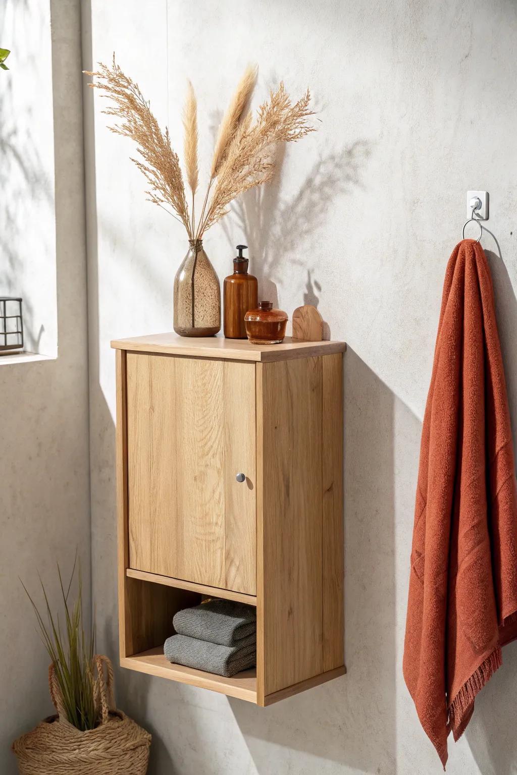 A sleek handle-free wall cabinet that visually vanishes—perfect calm storage for tiny baths.
