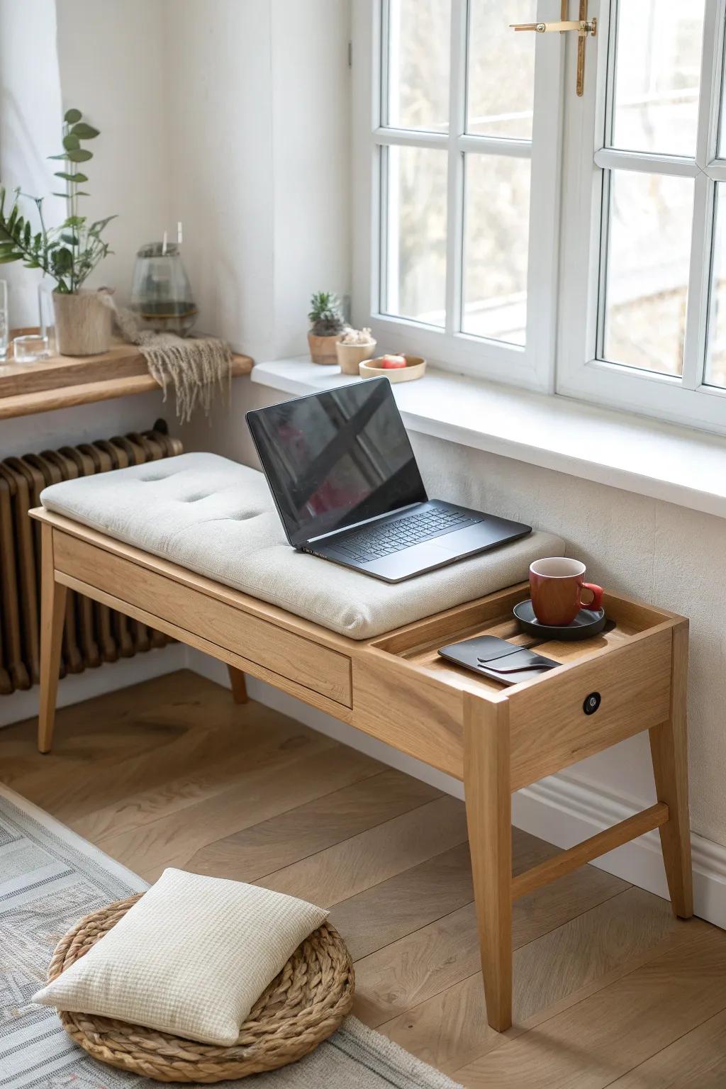 A bay-window bench that flips into a hidden pop-up desk—storage, seating, and workspace in one.