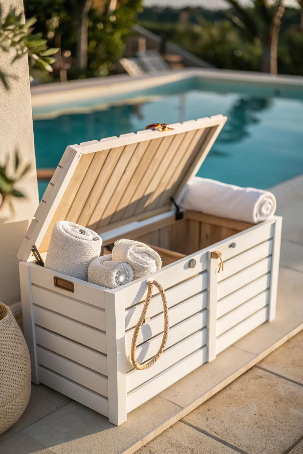 Poolside patio box: towels stay fresh in a breathable bag—perfect grab-and-go storage.