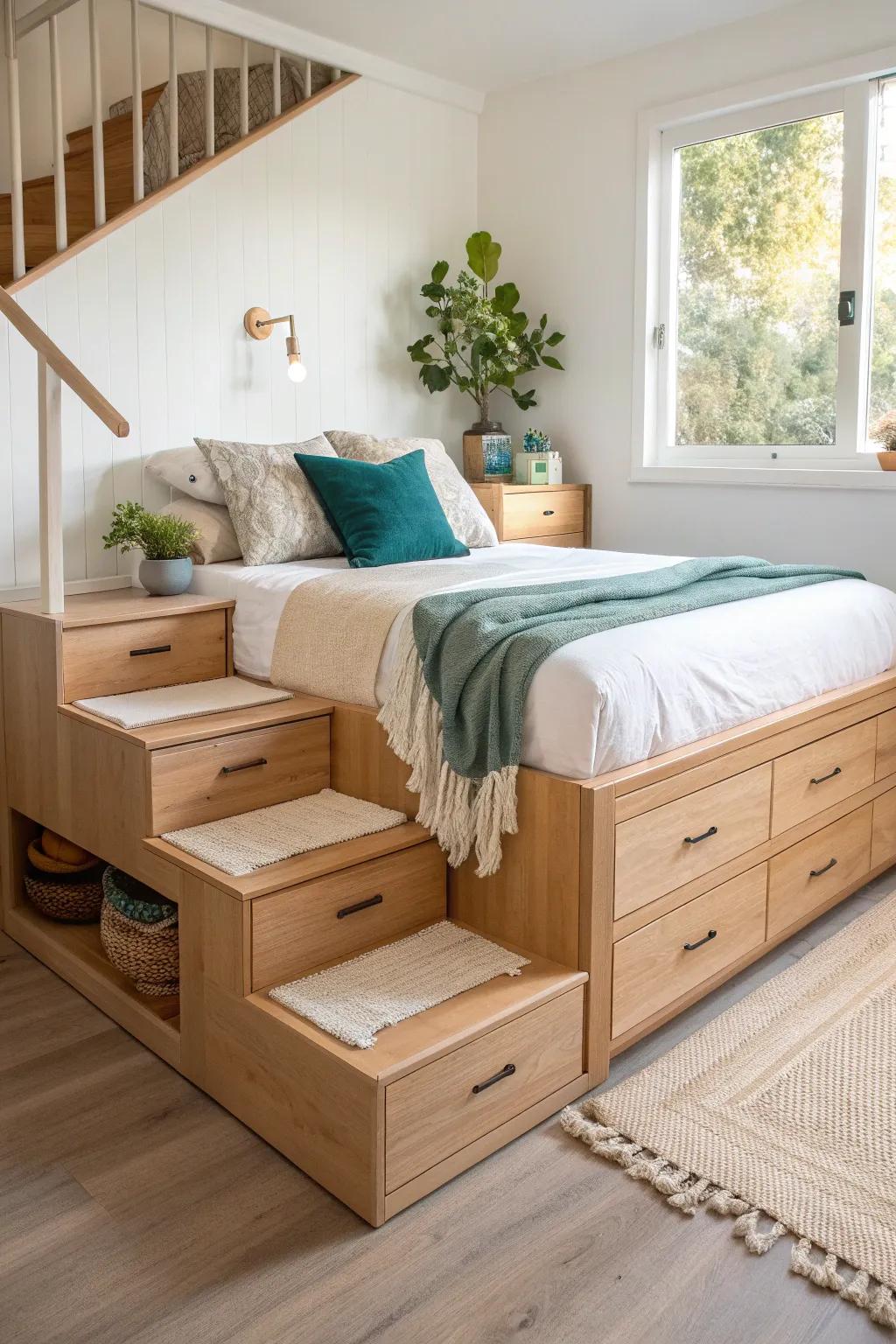 High platform stair-drawer bed: sleek steps that hide towels, games, and extra linens.