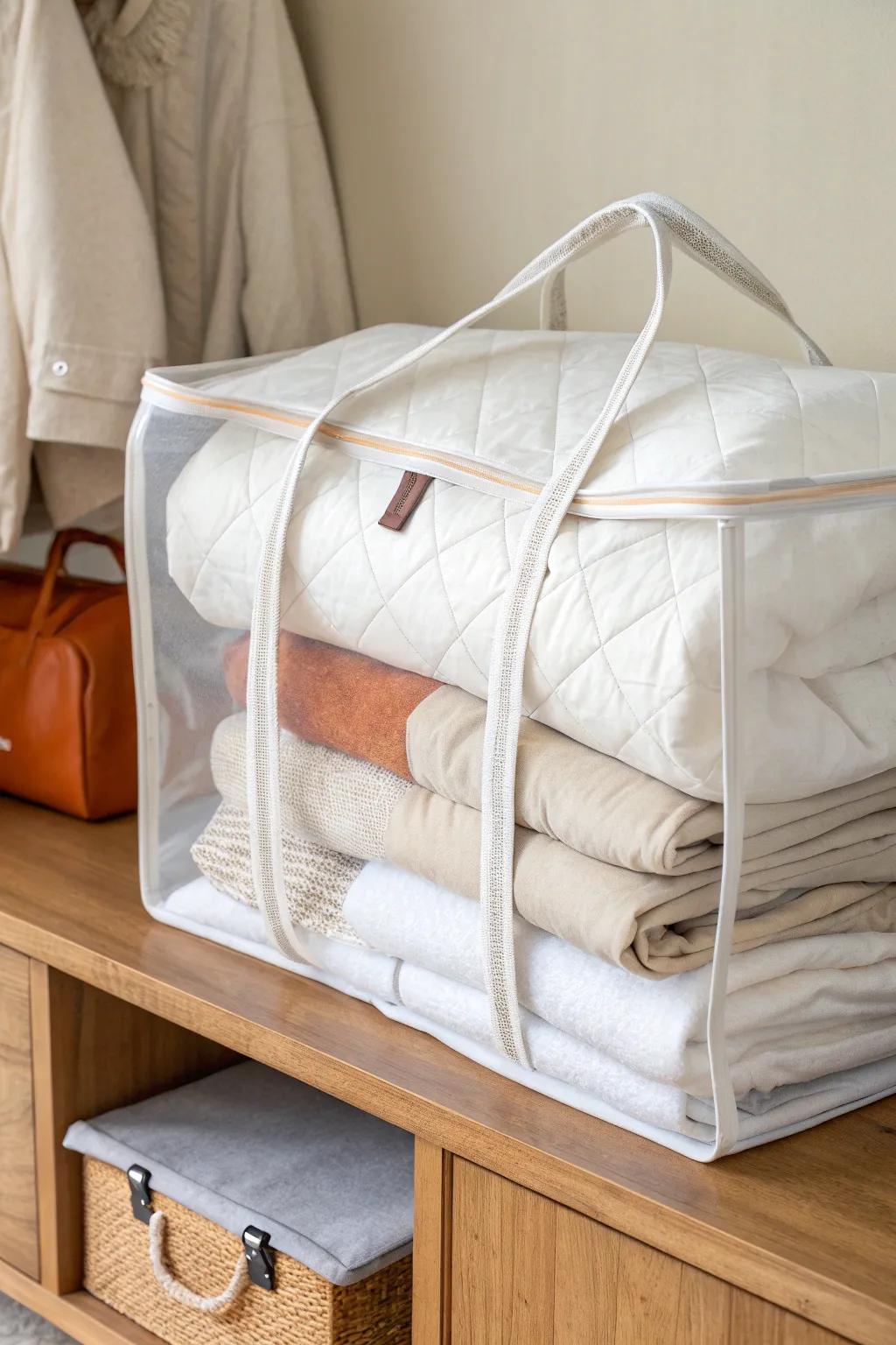 Breathable zipper bags keep comforters fresh, tidy, and shelf-ready—add a moisture absorber.