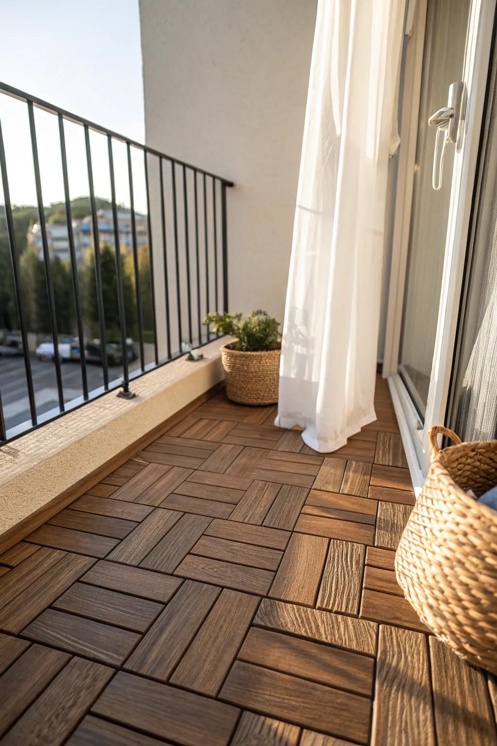 Wood-look deck tiles add instant warmth—rental-friendly flooring that makes a tiny balcony feel finished.