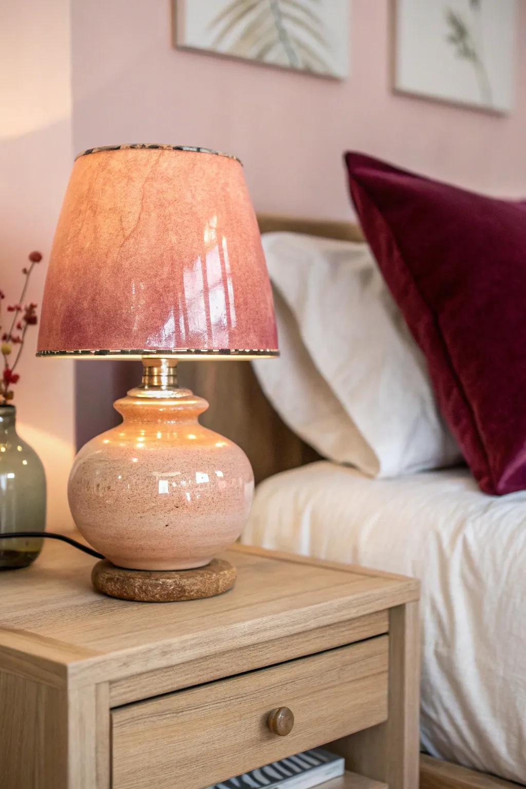 Peachy pink + off-white linens, warmed by a glowing lamp and a hint of burgundy depth.
