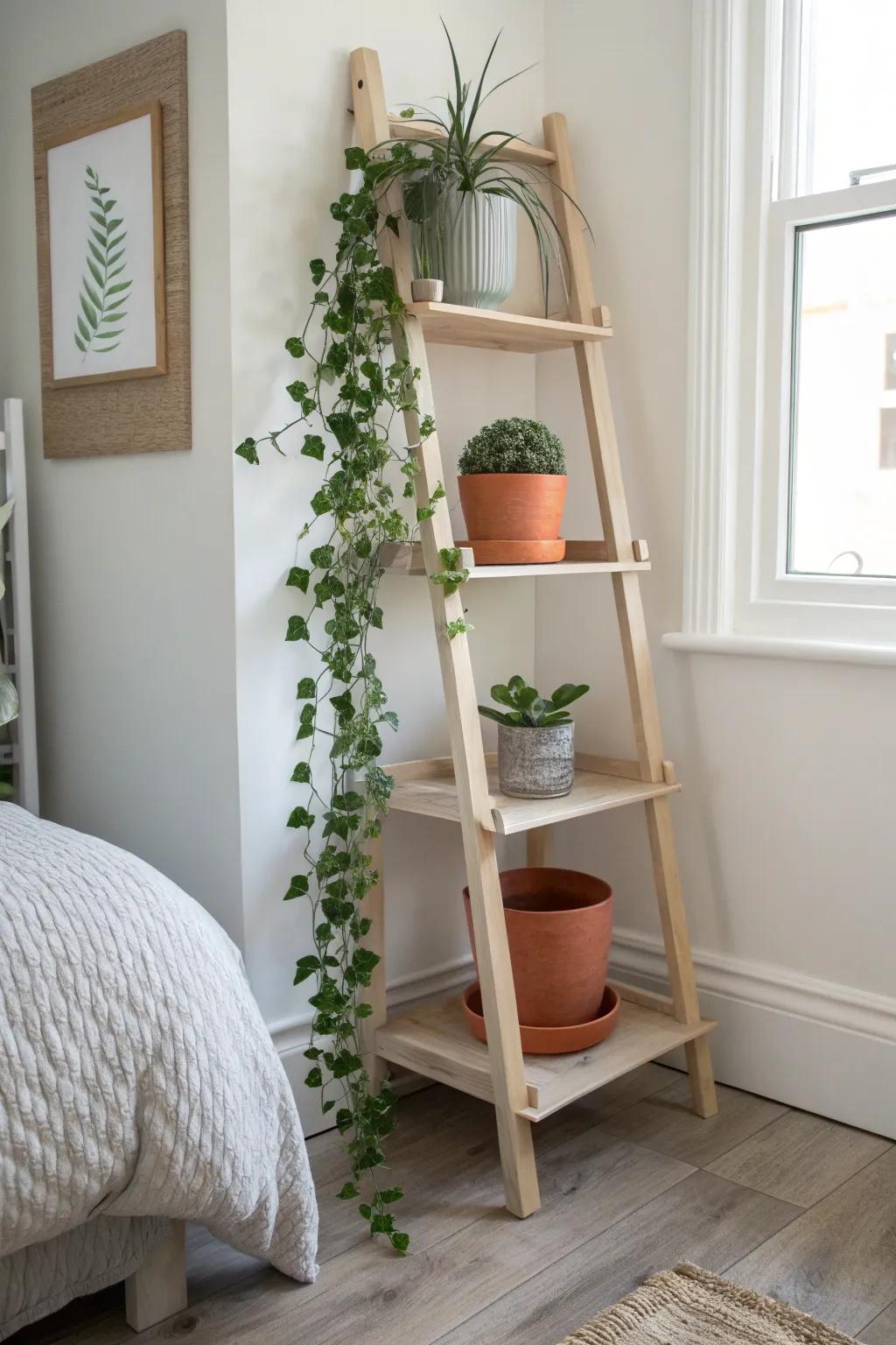A plant ladder corner shelf with cascading vines—minimal, bold, and instantly luxe.