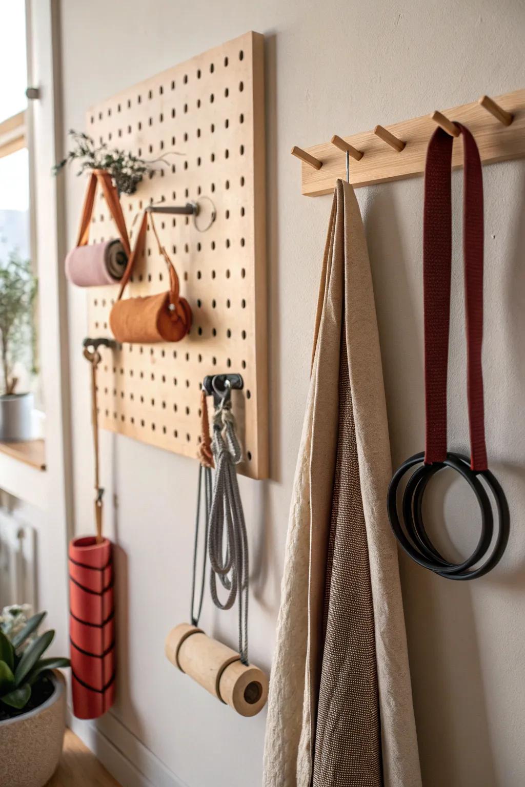 A pegboard gives every band and cord a pretty “parking spot” for a clutter-free bedroom gym.