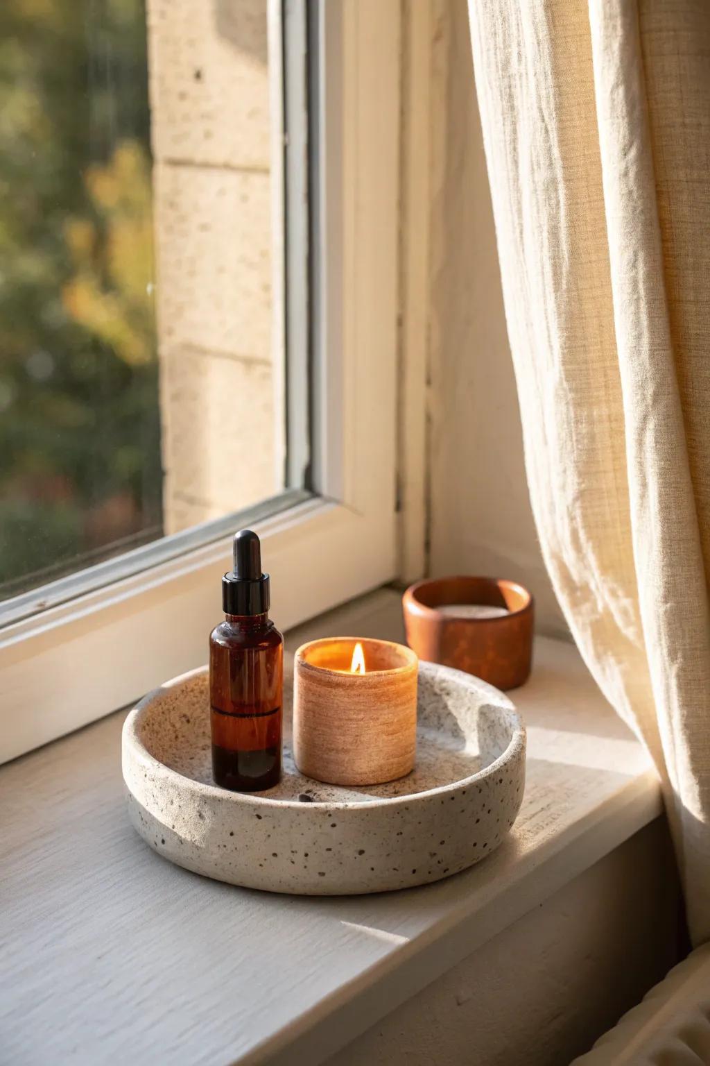 A tiny scent-and-candle ritual tray on the ledge makes bedtime feel effortless and luxe.