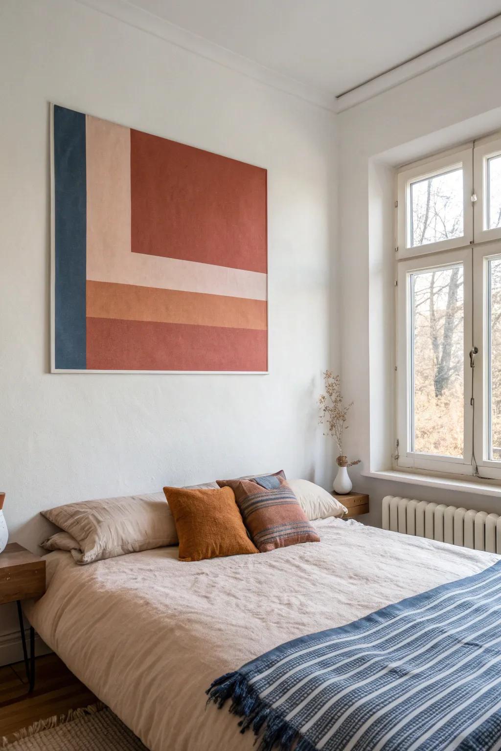 Bold paint color blocking above the bed creates statement wall art—no frames, no clutter.