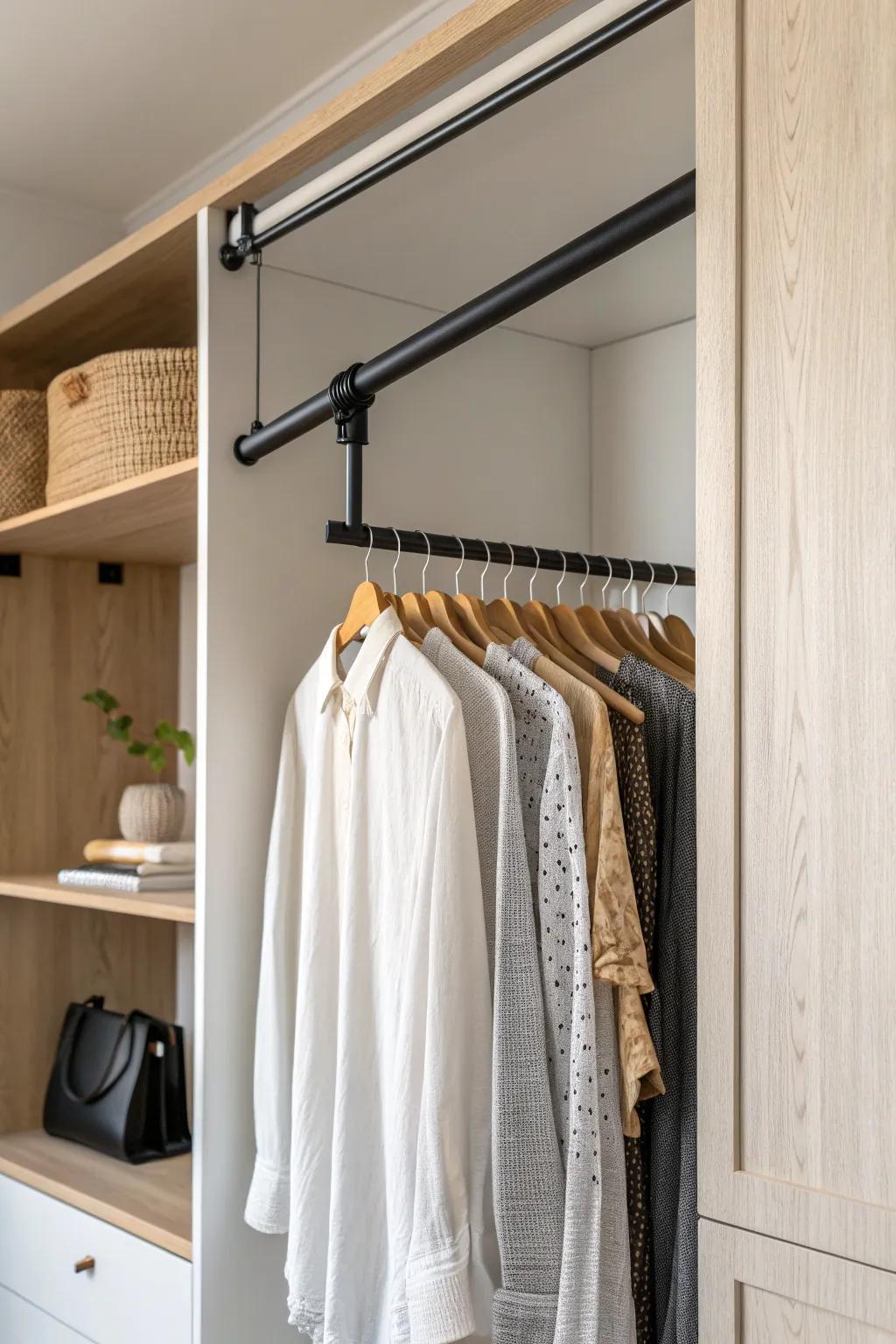 Pull-down rods turn tall wardrobe space into easy-to-reach, custom-looking storage.