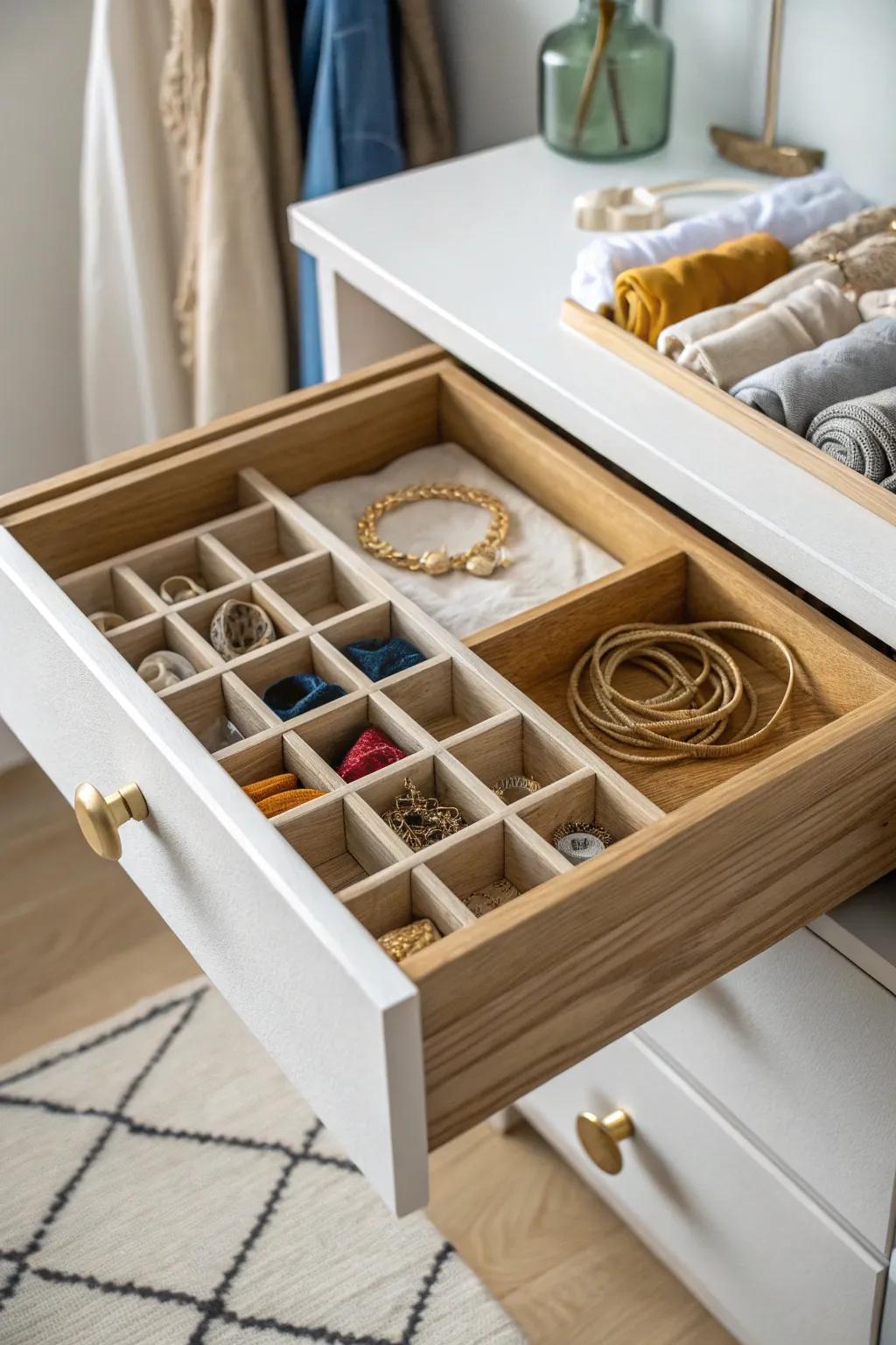 Give every accessory a lane: a sleek oak drawer organizer makes small items calm and easy to grab.
