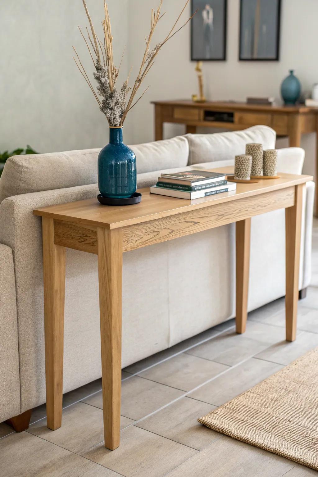 Two slim consoles pushed together create a seamless behind-couch table with room to style both sides.