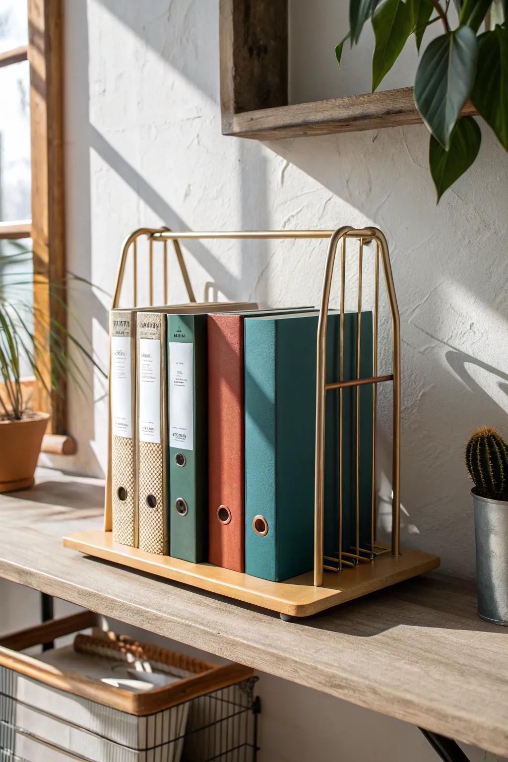 Turn a bakeware rack into chic binder storage—keeps ring binders upright and color-coordinated.
