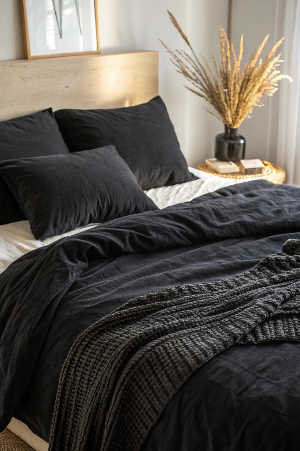 Black-on-black bedding, elevated with linen, knit, and velvet for soft, luxe texture.