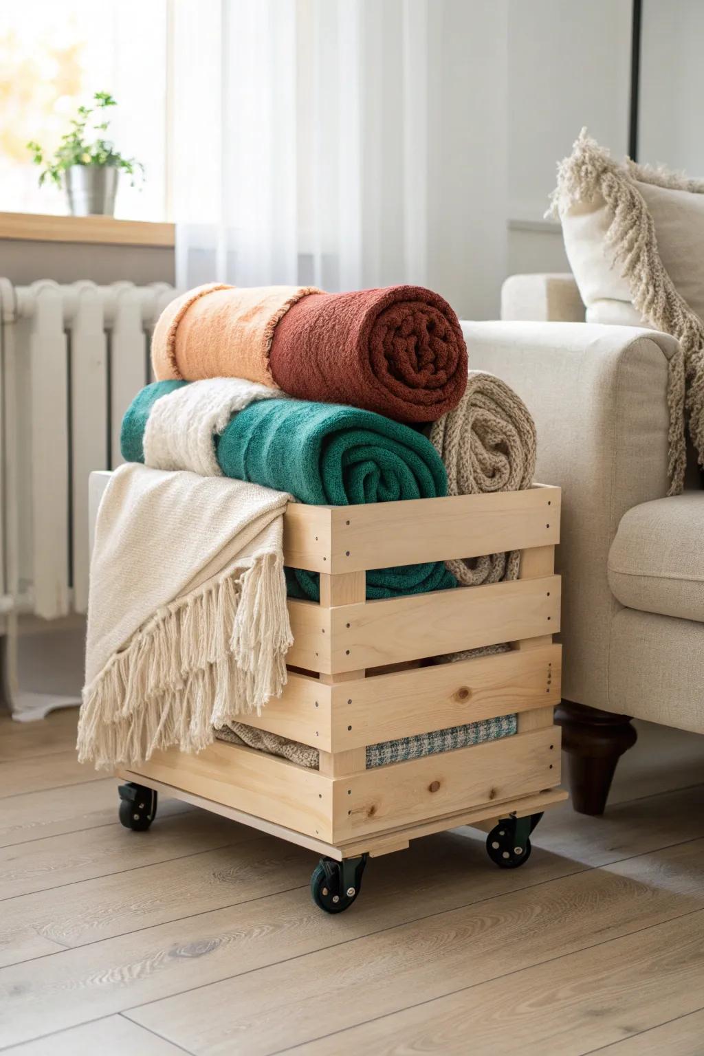 A DIY rolling crate cart that keeps cozy throws stylish, tidy, and ready by the sofa.