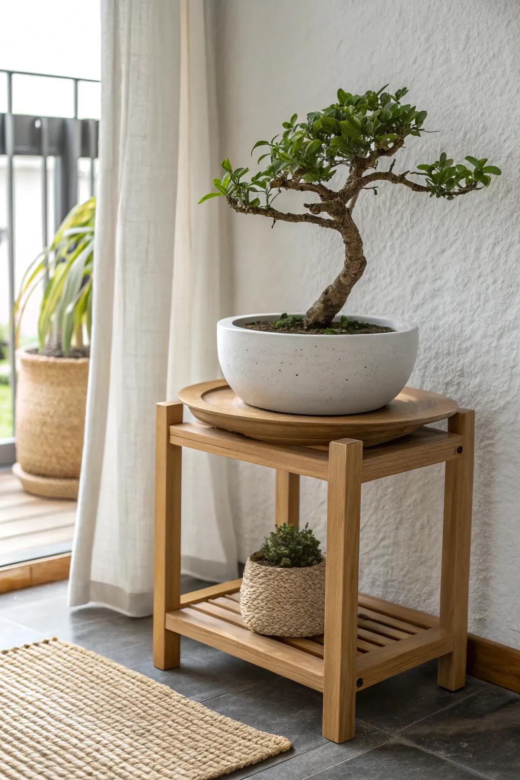 A rotating bonsai bench helps you chase the light—no awkward angles, even in tiny spaces.
