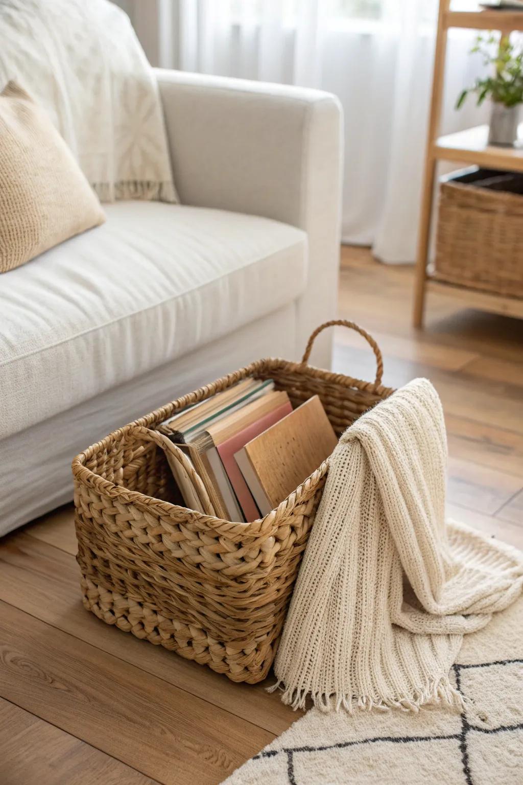 A cozy basket of books by the sofa adds warmth, texture, and easy reading in small spaces.
