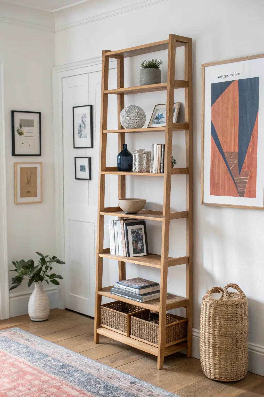 Turn your bookcase into a gallery wall—layer frames on book stacks for chic, small-space depth.