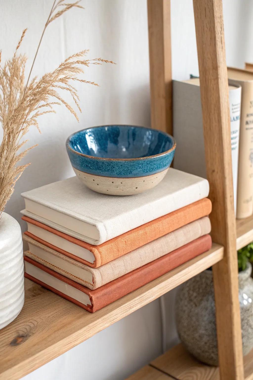 Stack your books, then top with one bold artisan bowl for an instant finished shelf look.