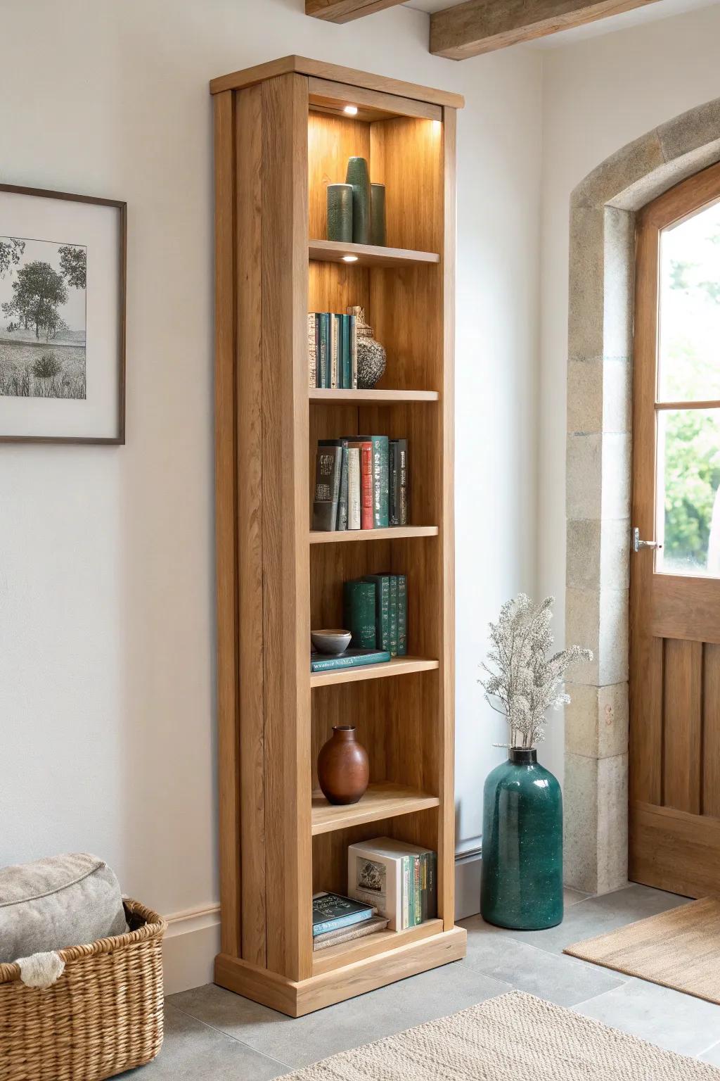 Side-lit shelves turn a slim bookcase into a glowing mini gallery—perfect for small spaces.