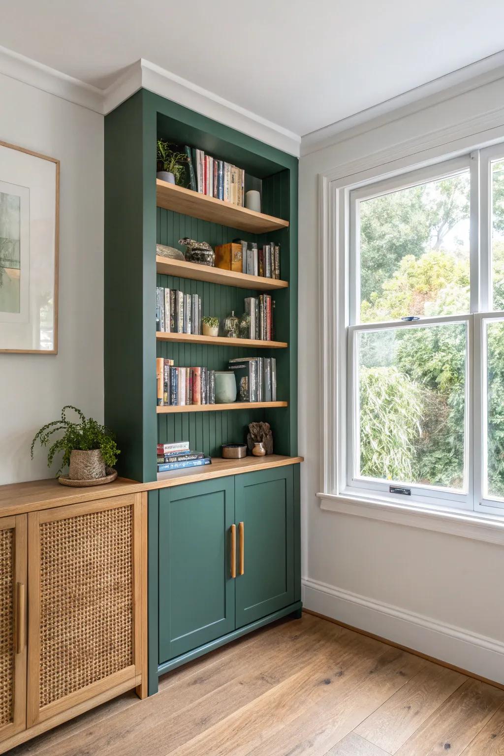 A corner window becomes a mini library—shallow L-shaped shelves keep the light front and center.