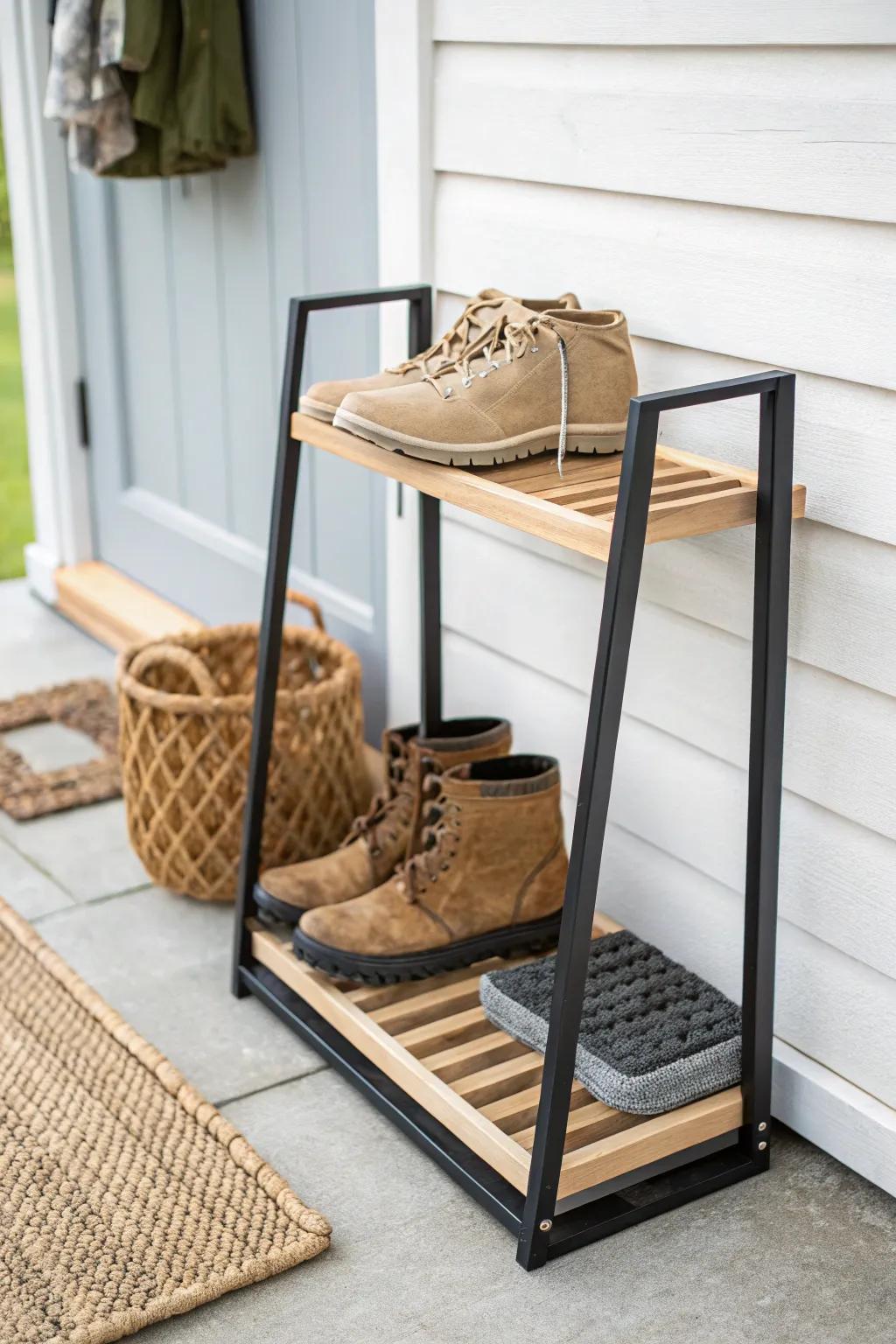 Slim porch boot rack + drip tray: keeps muddy shoes outside and your entryway effortlessly clean.