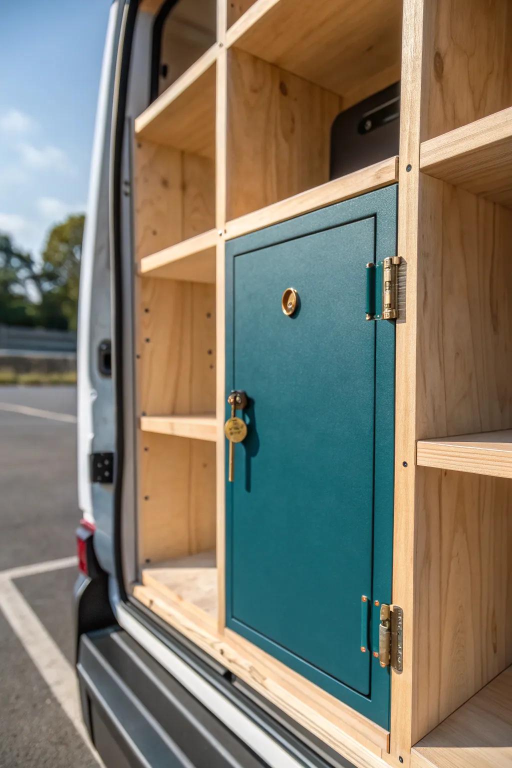 A sleek lockable compartment for box-truck shelving—secure, minimal, and beautifully crafted.