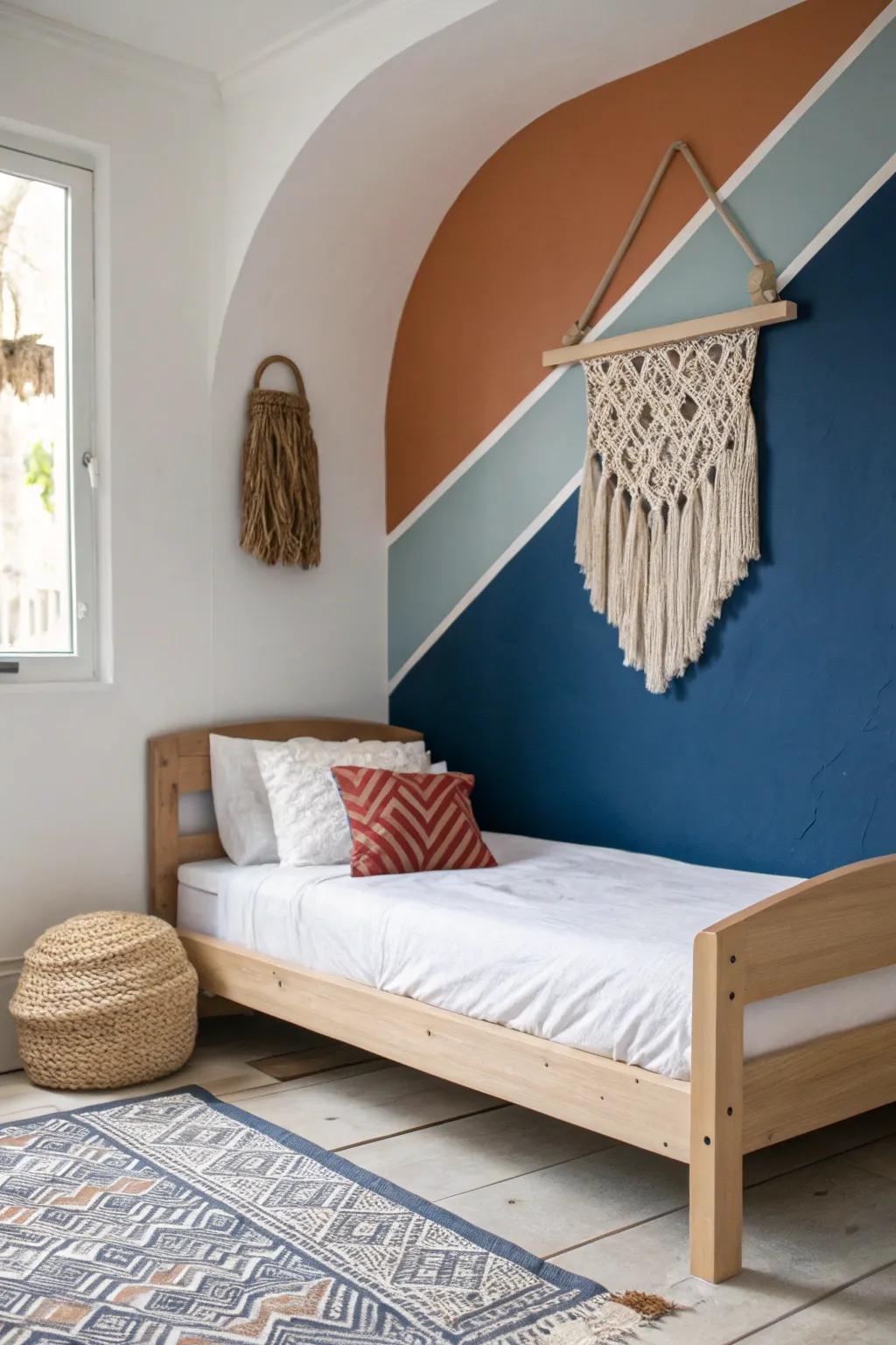 Bold color-blocked wall zoning turns a small boys room into a tidy, stylish space.