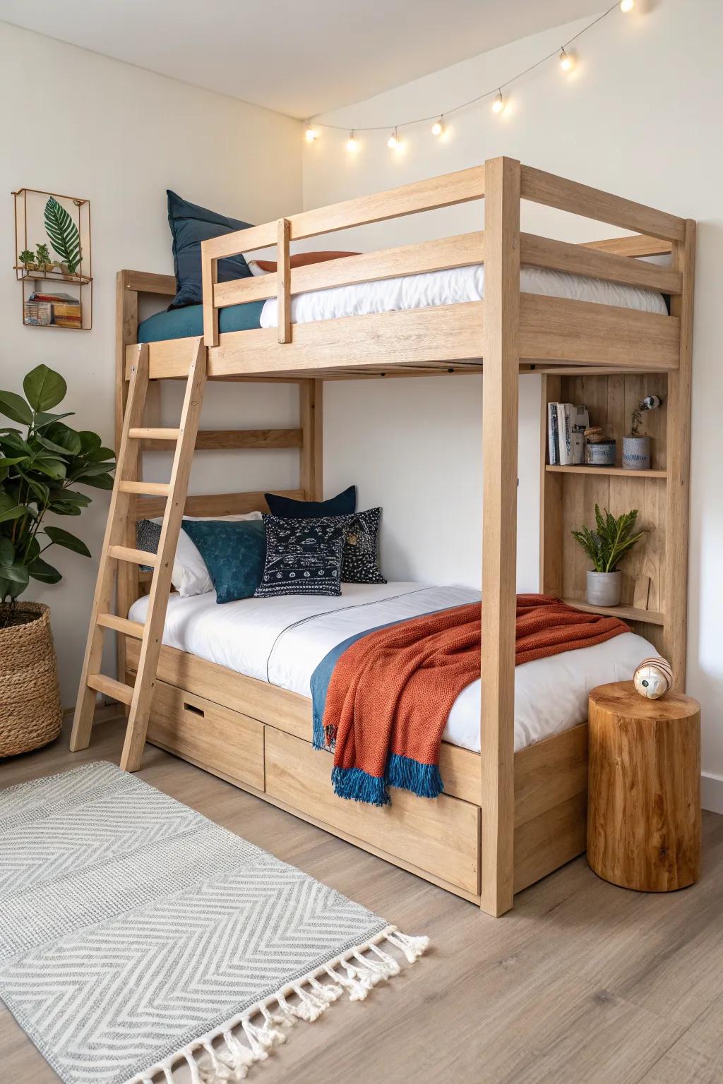 Corner L-shaped bunks turn awkward doors and windows into a cozy room-within-a-room.