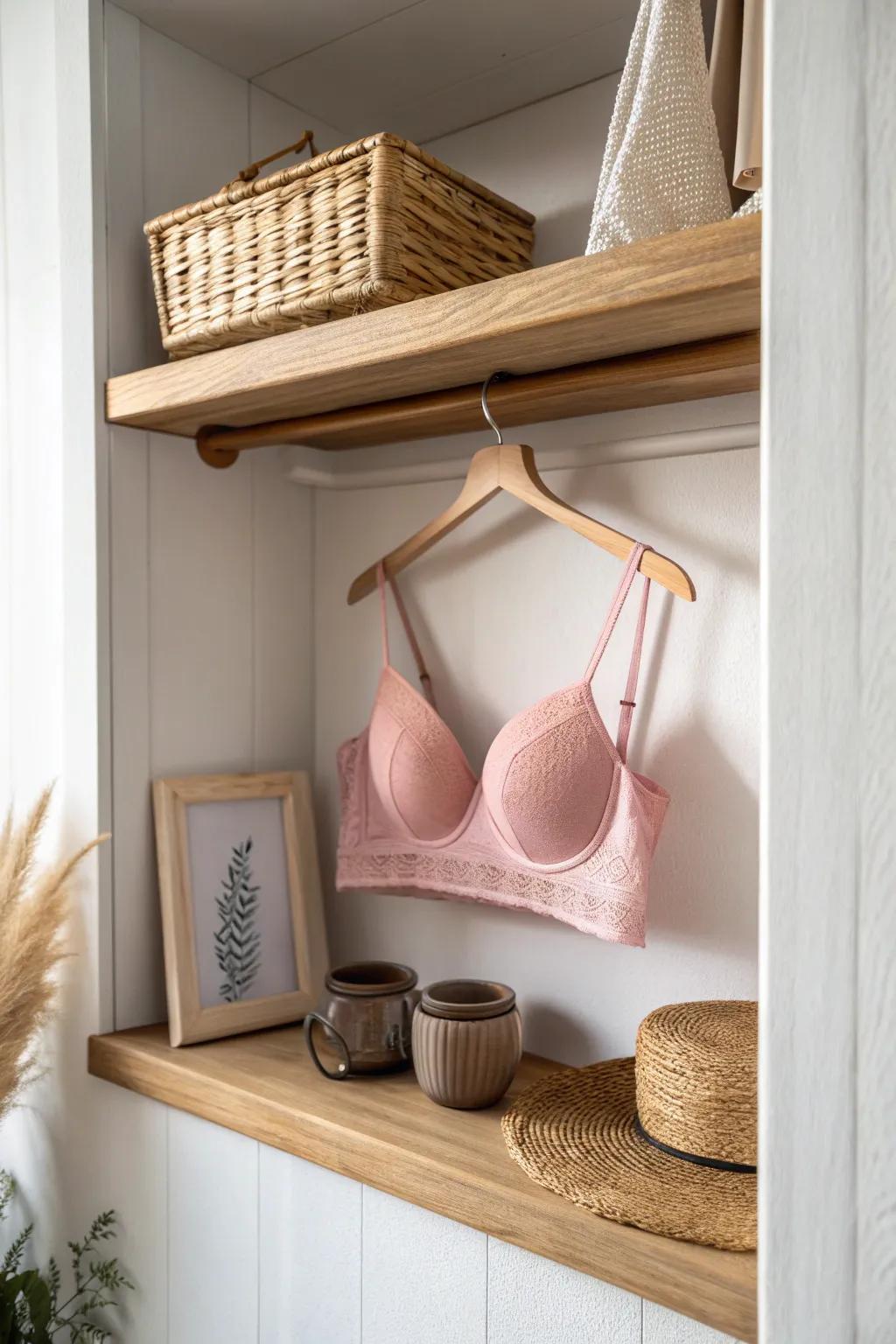 A dedicated “bra parking” shelf keeps cups perfect and turns a tiny closet into boutique calm.