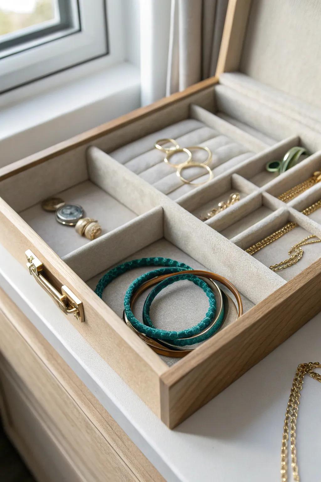 Stackable trays turn one shallow drawer into tangle-free, boutique-style bracelet storage.