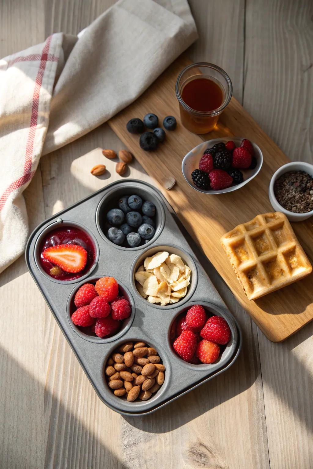 A muffin tin becomes the prettiest breakfast tray—perfect portions, no messy toppings.