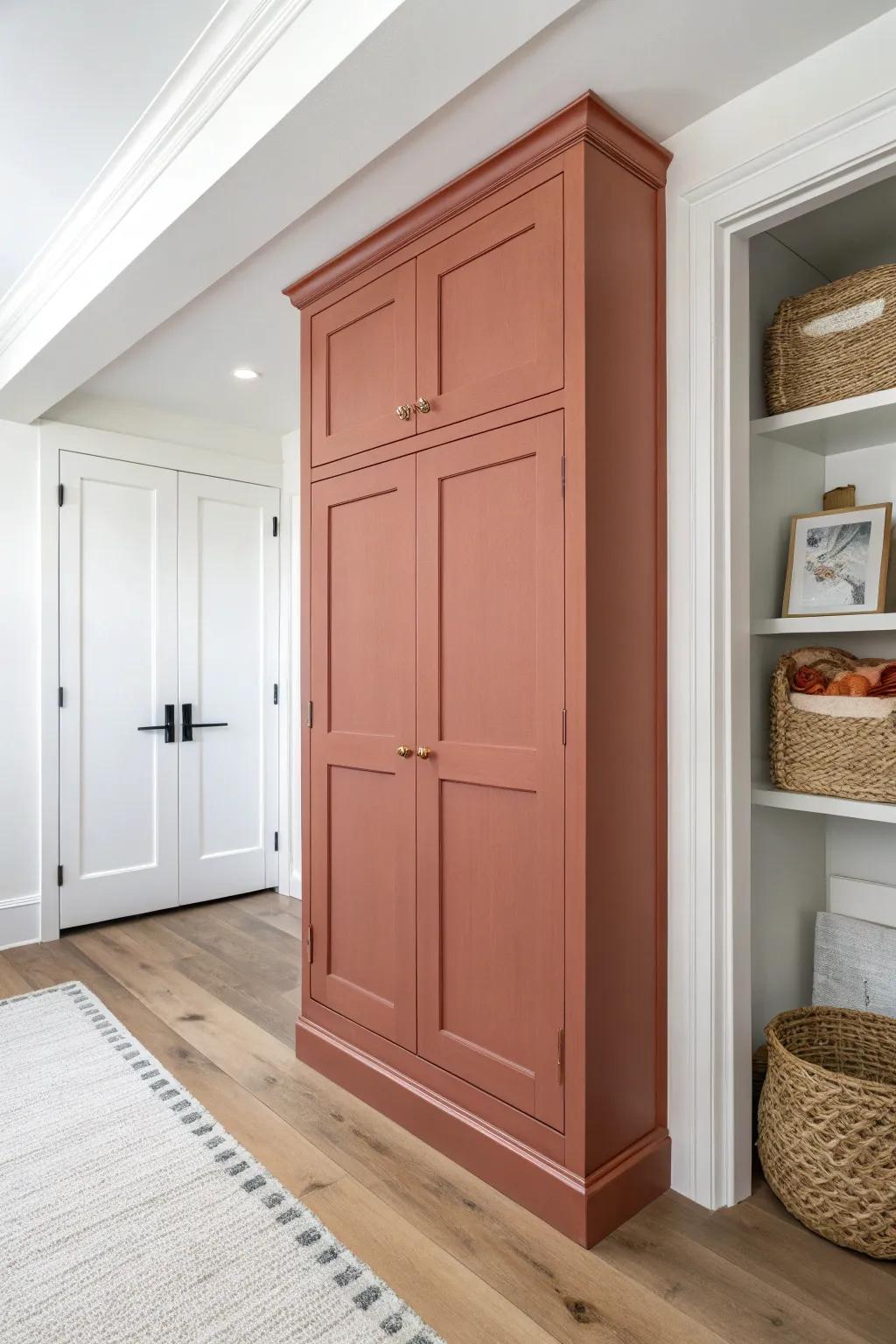 Turn hallway dead space into a bold built-in linen cabinet—towels low, guest bedding up high.