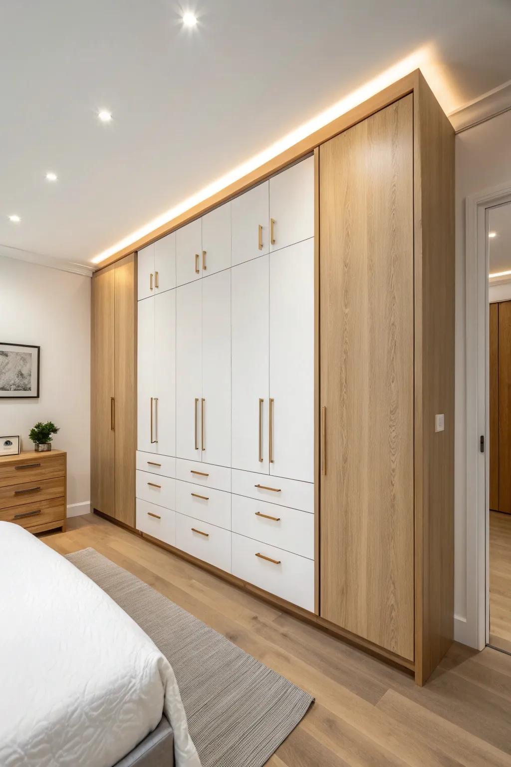 Wall-to-wall built-ins turn a tiny bedroom into a sleek, dresser-free storage dream.