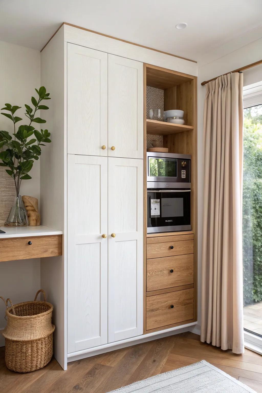 Pocket-door pantry hides a built-in microwave—clean lines, warm wood, and bold contrast.