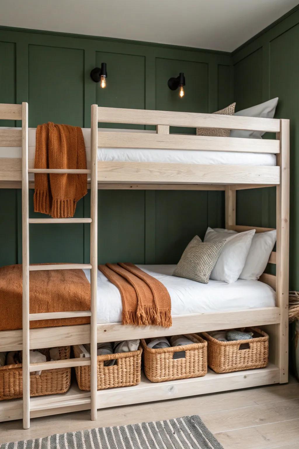 A symmetrical bunk bed setup with matching lights and baskets for a calm, fair shared room.