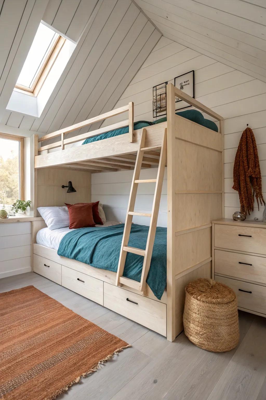 Built-in bunks under attic eaves—minimal, cozy, and made to fit every sloped ceiling.